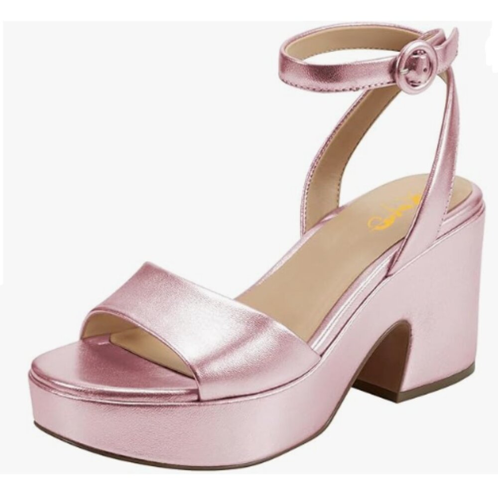 XYD Pink Thick Chunky Heel Strappy Sandals Open Toe Platform Ankle Straps Pumps